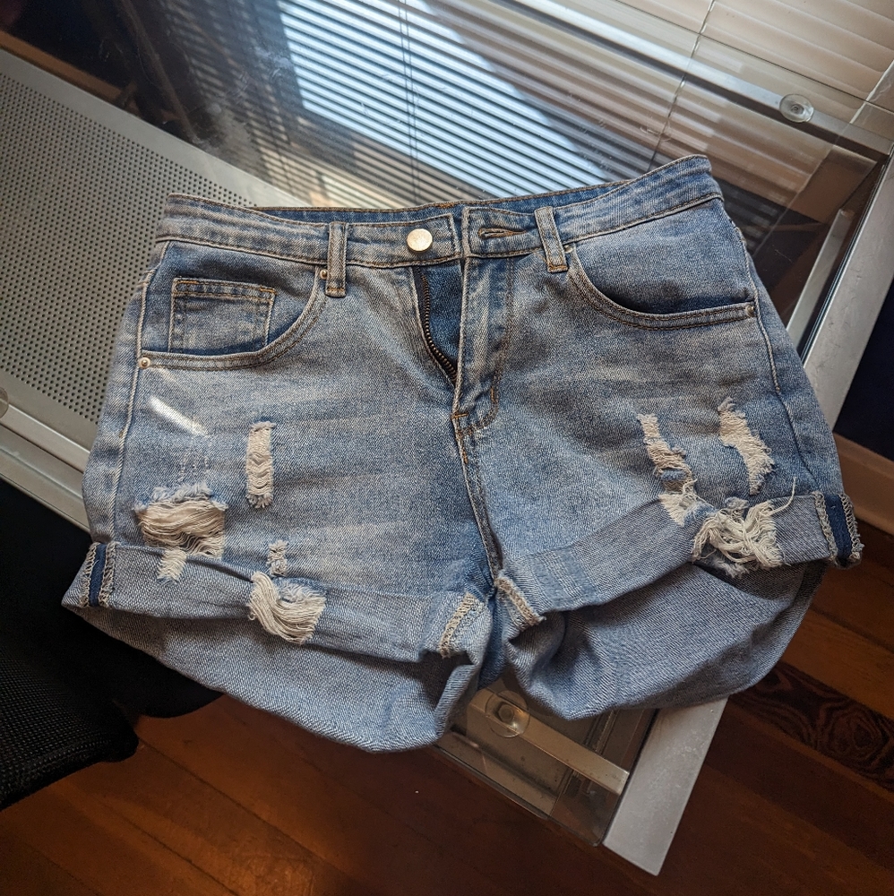 Haola Womens Stretchy Denim Shorts High Waisted Folded Hem Ripped Jeans Shorts